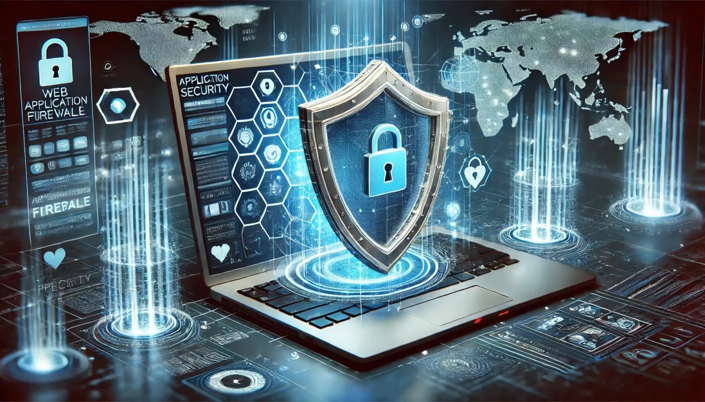 DALL·E 2025-03-22 00.31.13 - A high-tech representation of application security featuring a Web Application Firewall (WAF) with a shield protecting a digital network from cyber th