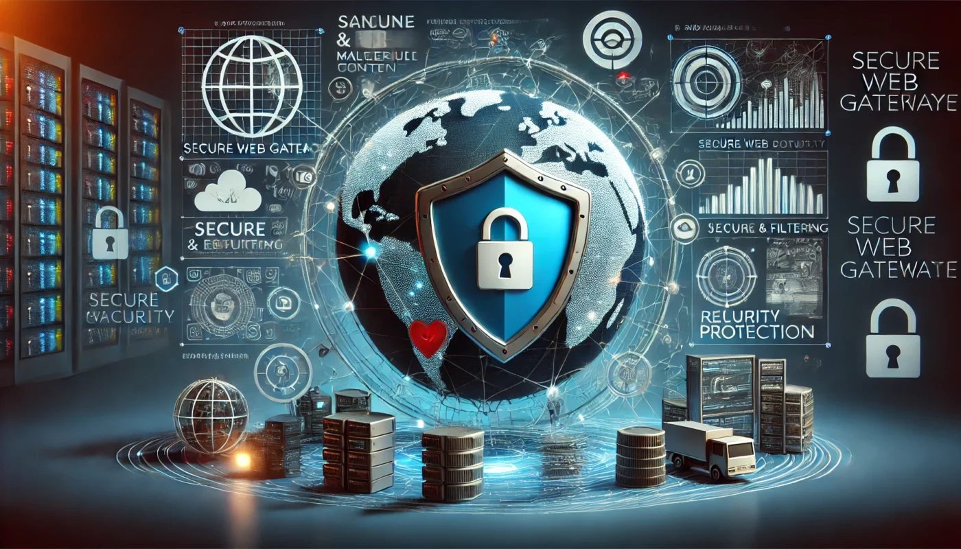DALL·E 2025-03-22 00.32.48 - A modern digital security concept illustrating Secure Web Gateways (SWG). The image features a shield with a web browser interface, scanning and filte